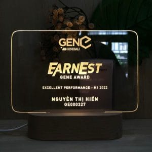 đèn led kỷ niệm chương đế gỗ teak sử dụng pin hoặc điện khắc laser logo và nội dung theo yêu cầu: mẫu chữ nhật lớn