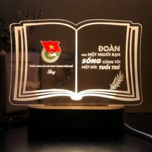 đèn led kỷ niệm chương đế gỗ teak sử dụng pin hoặc điện khắc laser logo và nội dung theo yêu cầu: mẫu Đoàn Hội